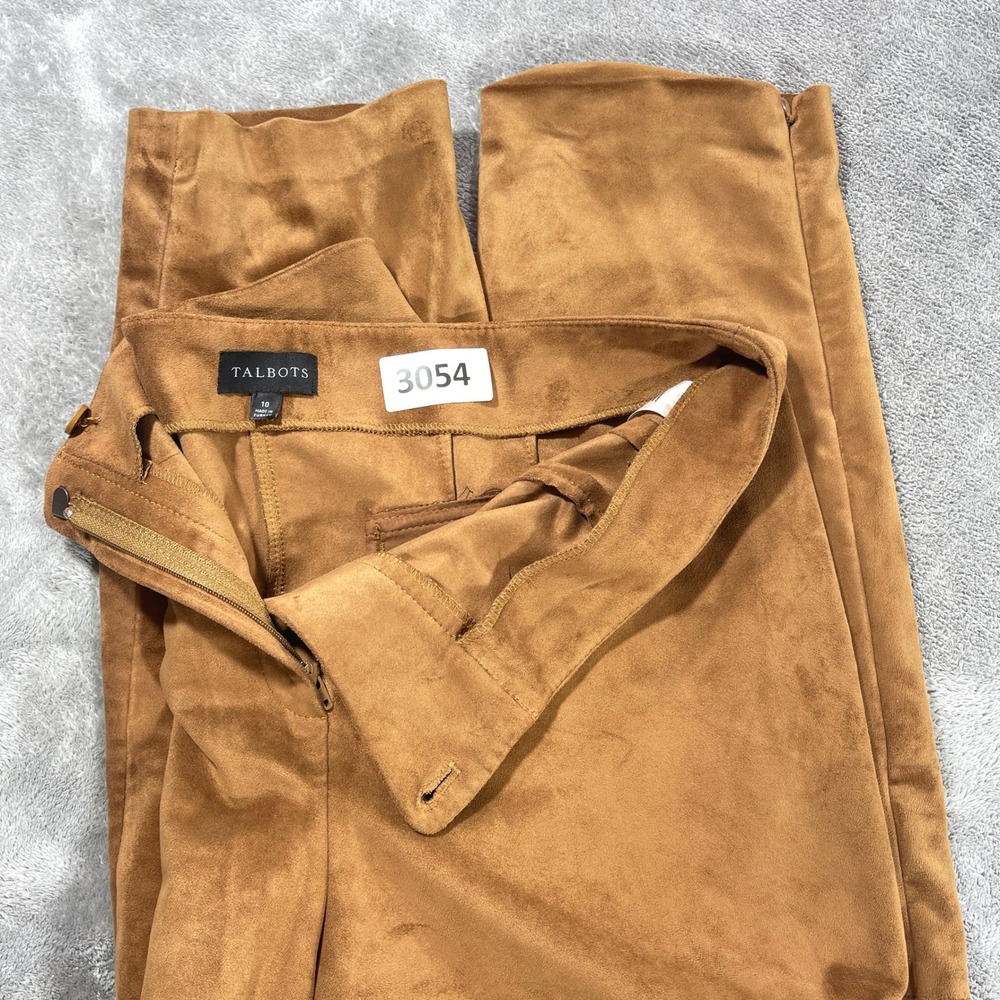 Talbots Faux Suede Pants Womens 10 Brown Straight‎ Leg Ankle Zip Camel Trousers